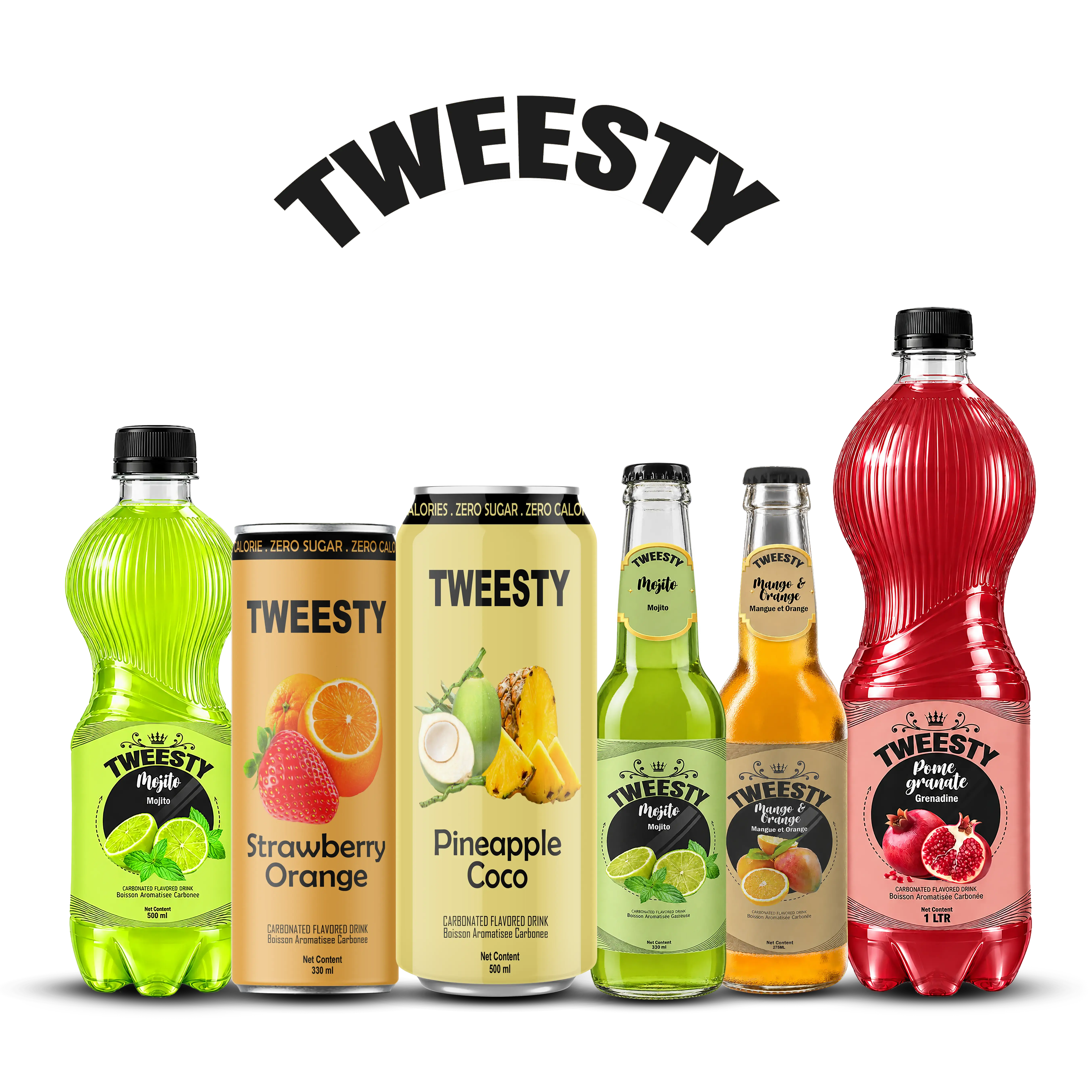 TWEESTY drink range featuring Mojito, Strawberry Orange, Pineapple Coco, Mango Orange and Pomegranate flavours in cans and bottles.